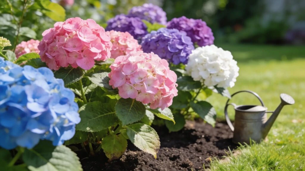 Colorful blooming hydrangeas in a well-maintained garden, representing expert care tips for continuous blooming