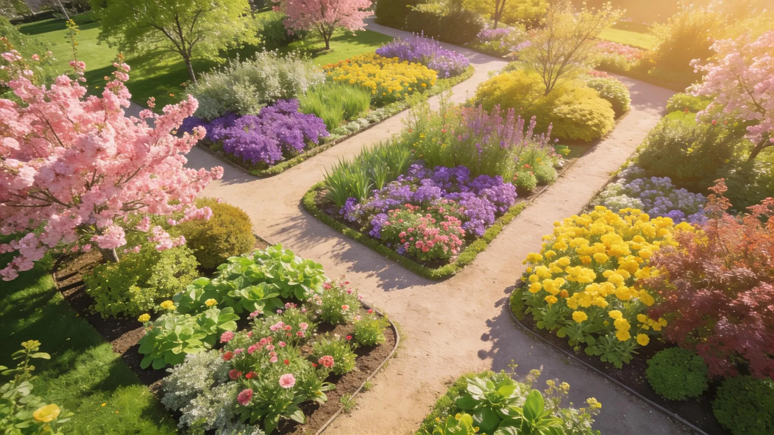 Aerial view of a spring garden layout with colorful plants arranged for maximum visual impact
