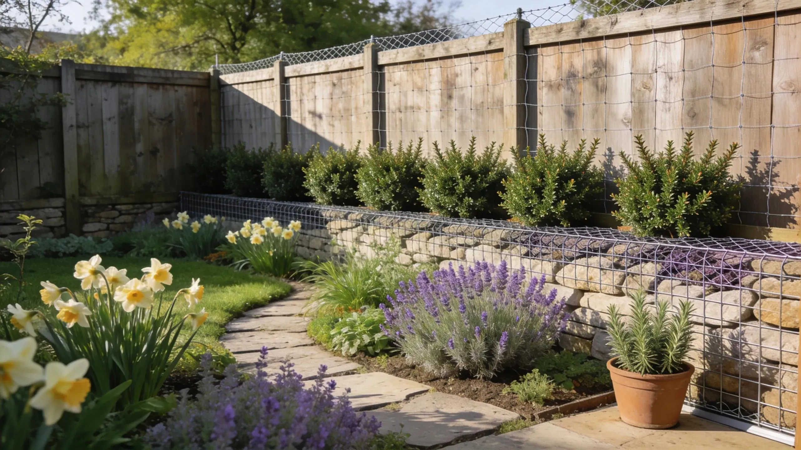 Garden with deer-proofing strategies, showcasing fencing and deer-resistant plants for effective protection