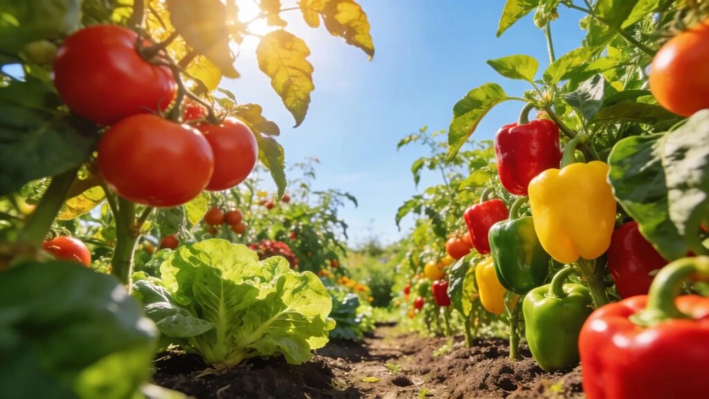 Vibrant summer vegetable garden with colorful vegetables and healthy plants