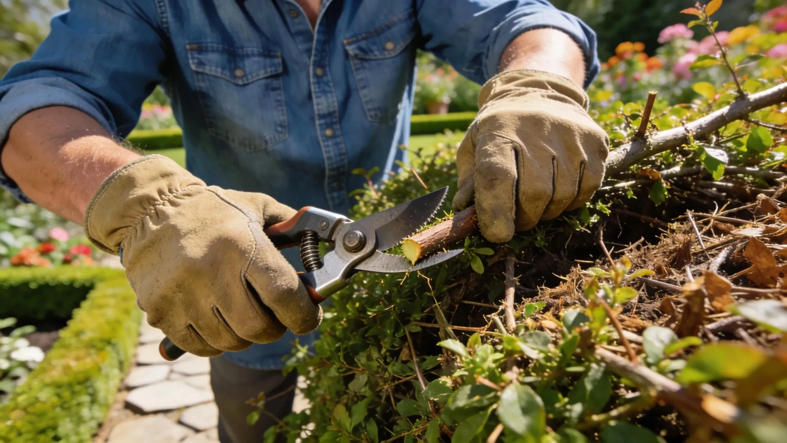 Gardener trimming an overgrown bush with pruning shears, illustrating effective bush care techniques