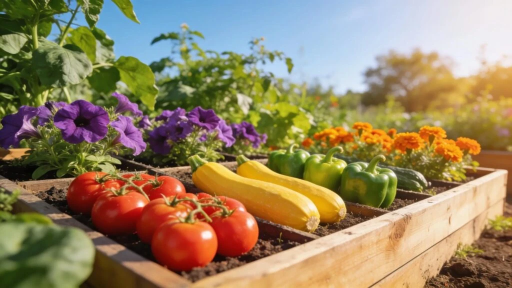 Raised garden bed filled with colorful vegetables and flowers in a sunny garden setting