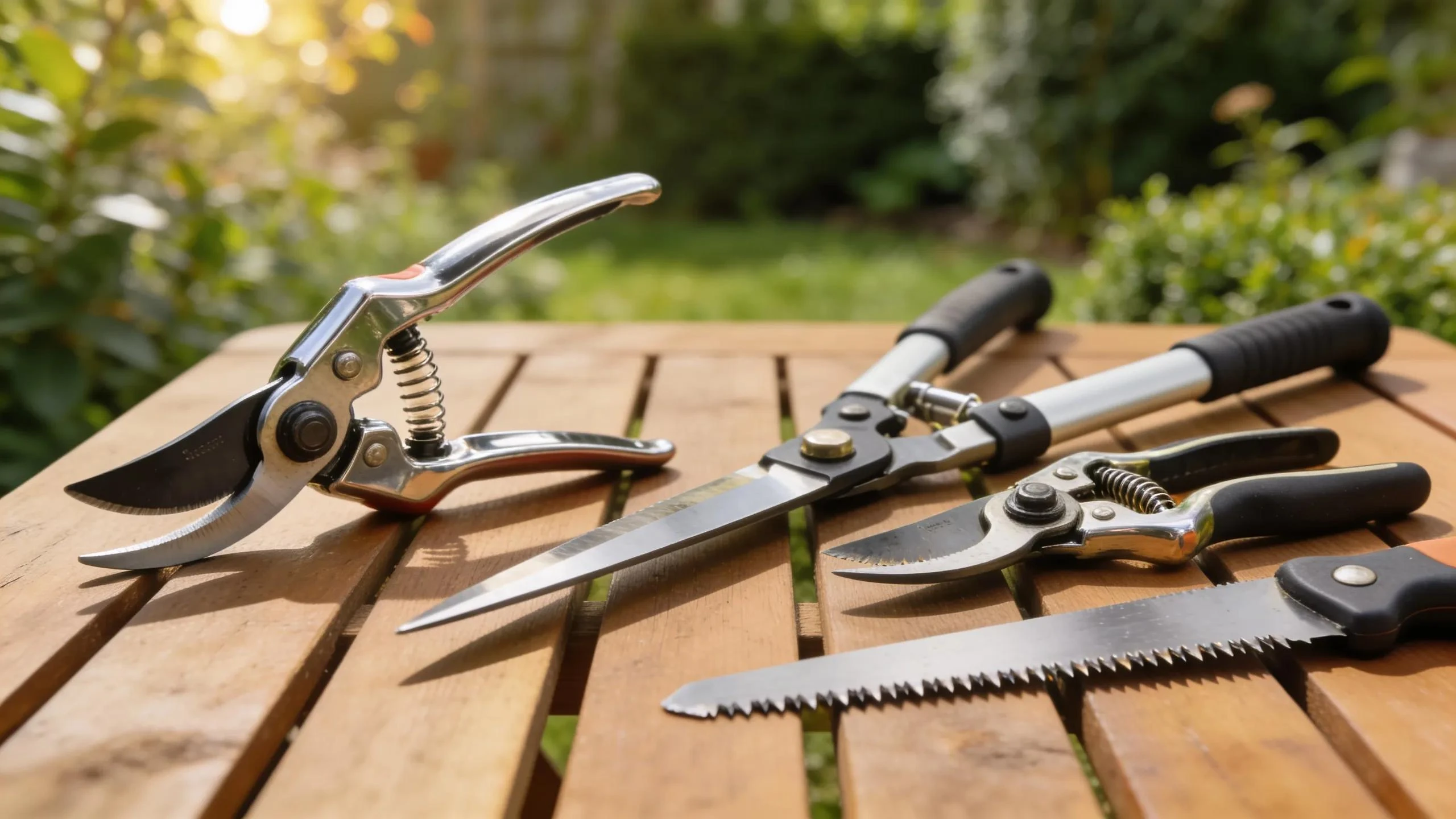 Essential hedge trimming tools including hand pruners, loppers, and hedge shears on a garden table