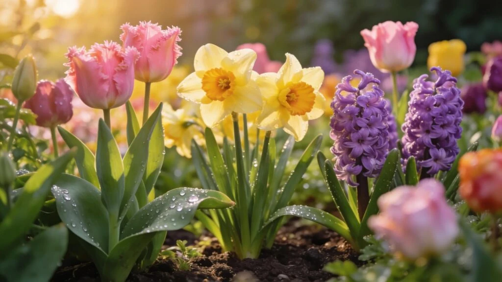 Colorful spring bulbs blooming in a garden, representing optimal planting techniques