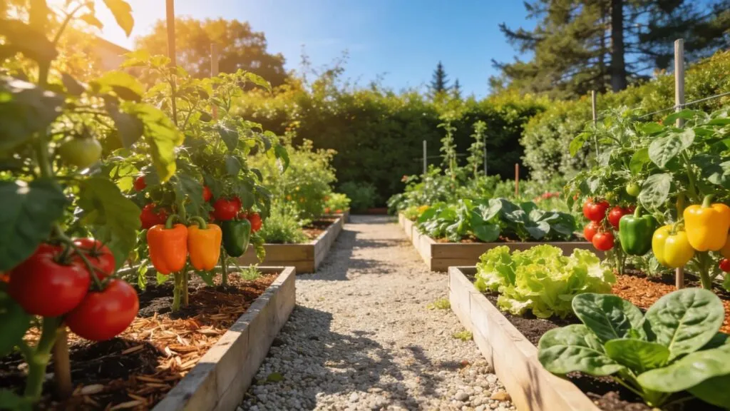 Vibrant vegetable garden in New Jersey with tomatoes, peppers, and leafy greens