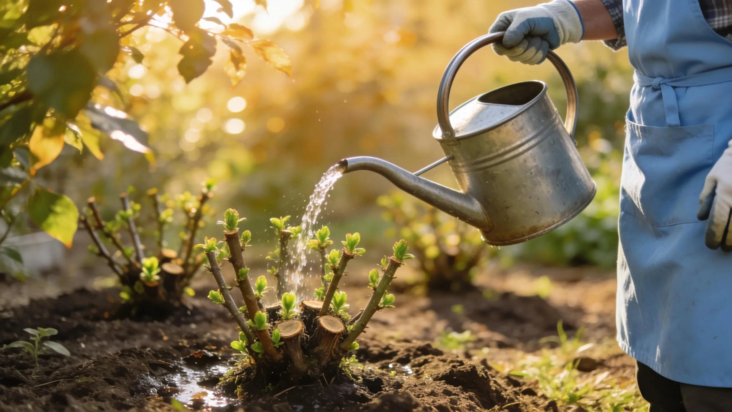 Gardener watering pruned bushes to promote recovery