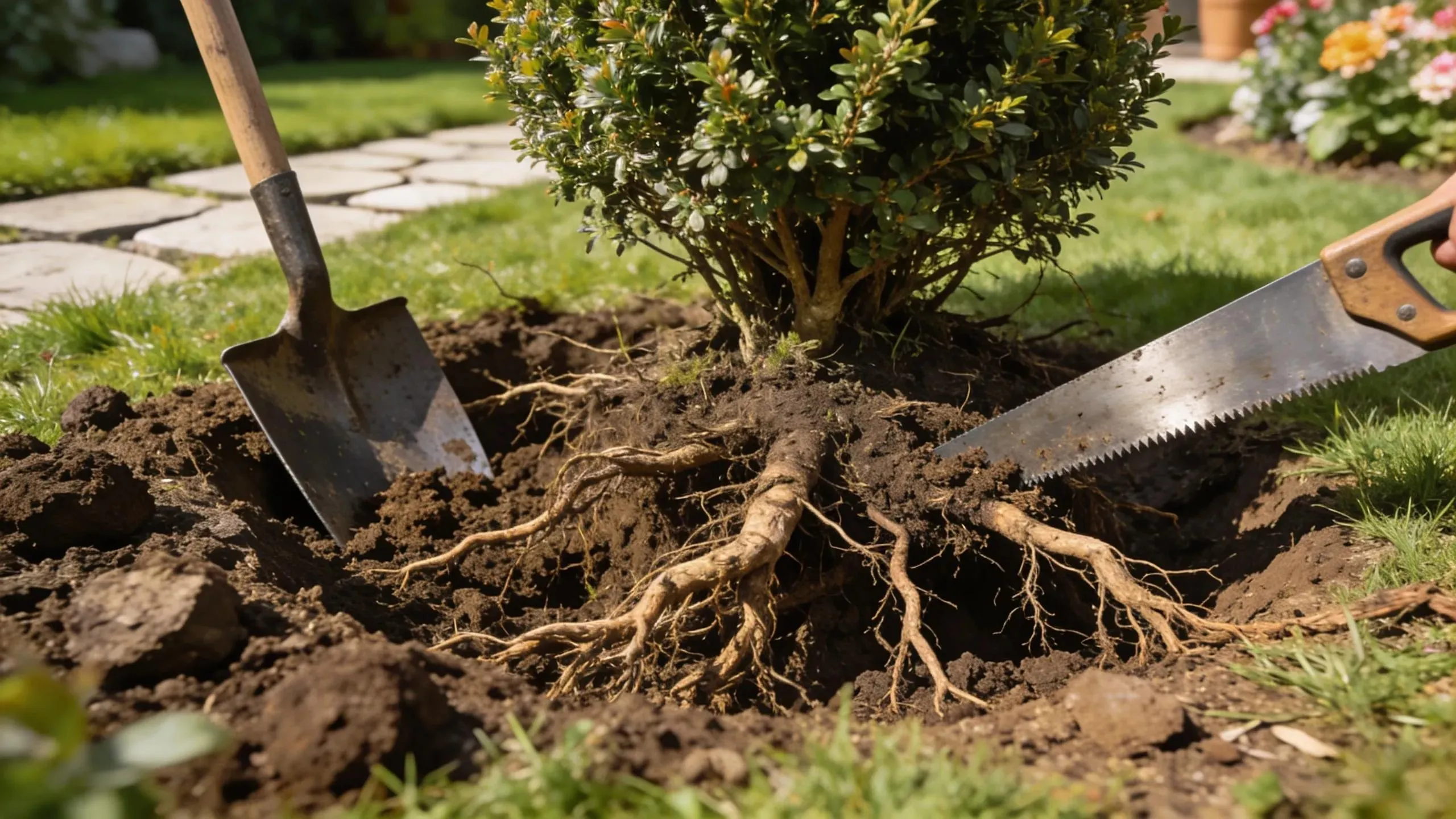Bush removal process with tools, highlighting typical costs and methods in landscape maintenance